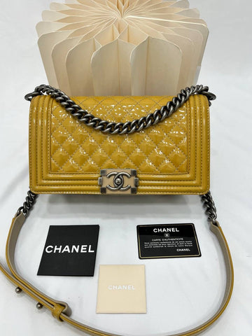 CHANEL Boy Mustard Patent Leather Crossbody Sling Bag