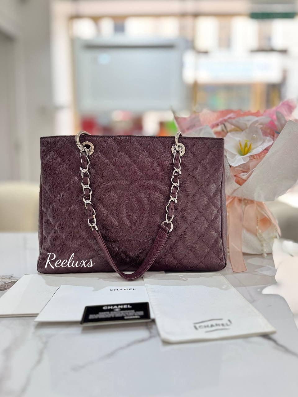 CHANEL Grand Shopping GST Caviar Leather Tote Bag Maroon