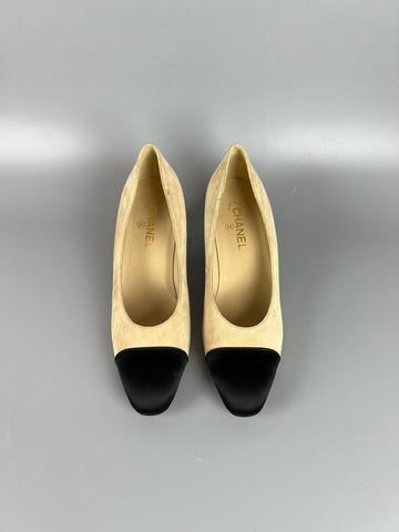 CHANEL Suede Satin Cap Toe Low Heel