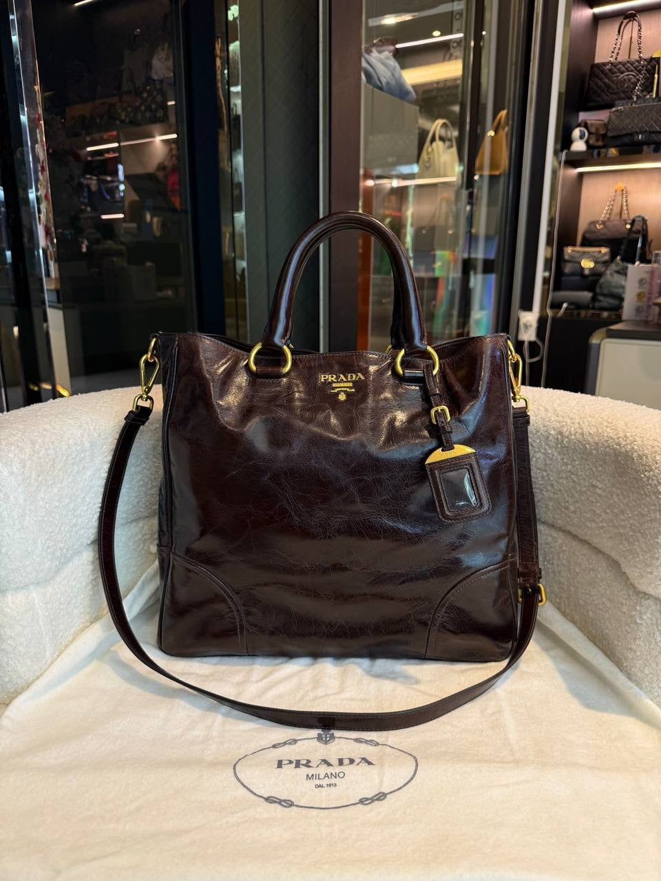 Prada Vitello Shine Tote Bag Brown Leather