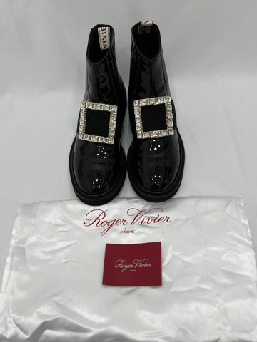 ROGER VIVIER Rangers Patent Leather Strass Buckle Chelsea Ankle Boots