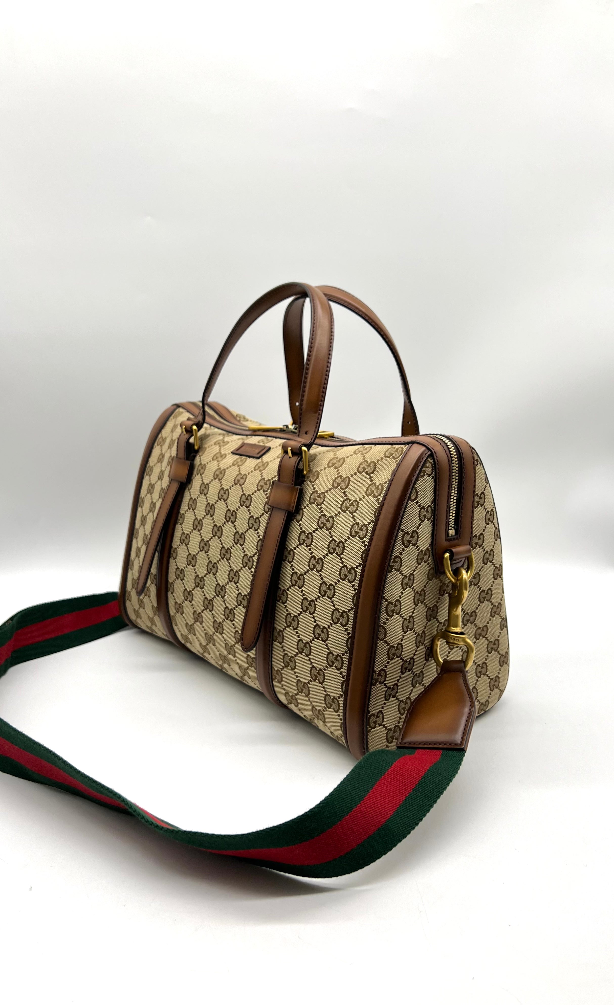 GUCCI Monogram Medium Lady Web Boston Bag Beige Cuir - Reeluxs 