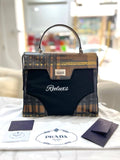 PRADA Tartan Print Tessuto Nylon & Saffiano Leather Satchel Cammello Tote Handbag