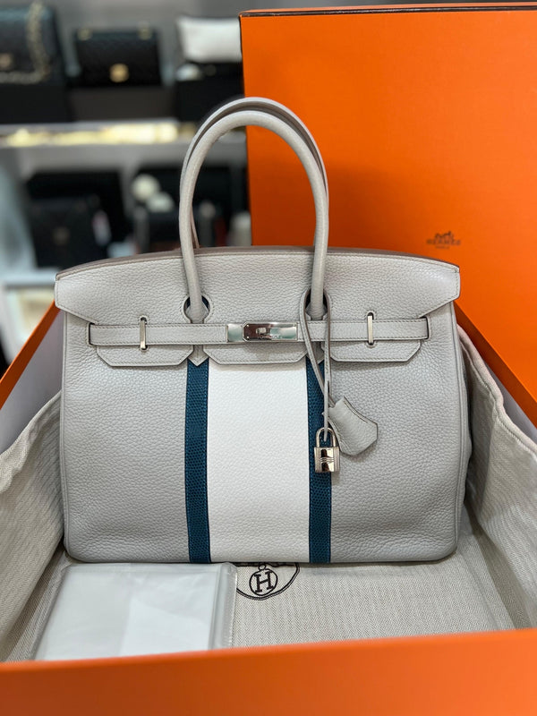 HERMES Birkin Club 35 Handbag In Grey, White Leather And Blue Lizard, Shw - Reeluxs 