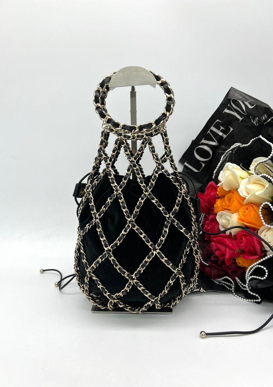 CHANEL RUNWAY BLACK VELVET DRAWSTRING BAG - Reeluxs 