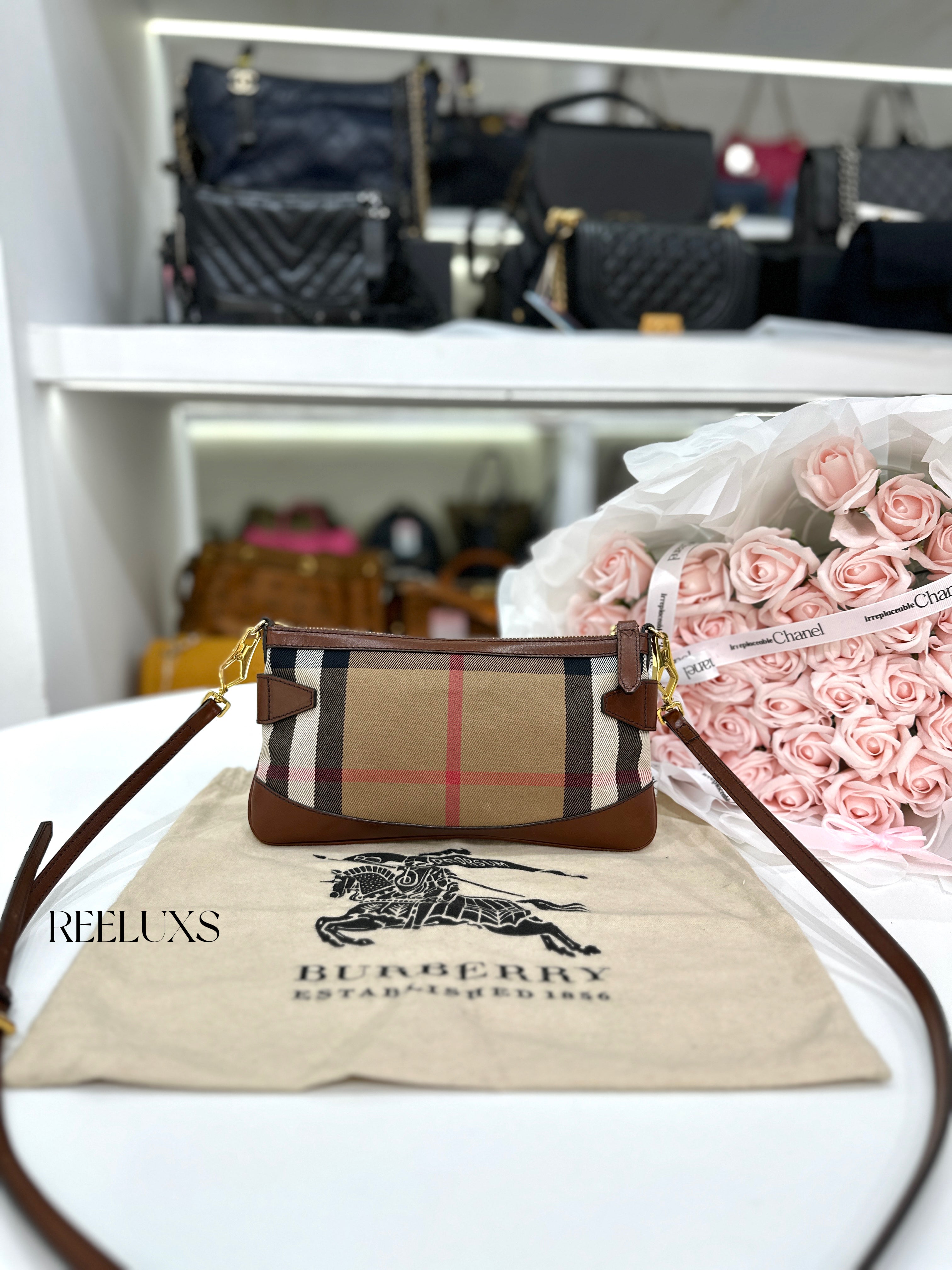 BURBERRY  House Check Bridle Calfskin Peyton Crossbody Bag