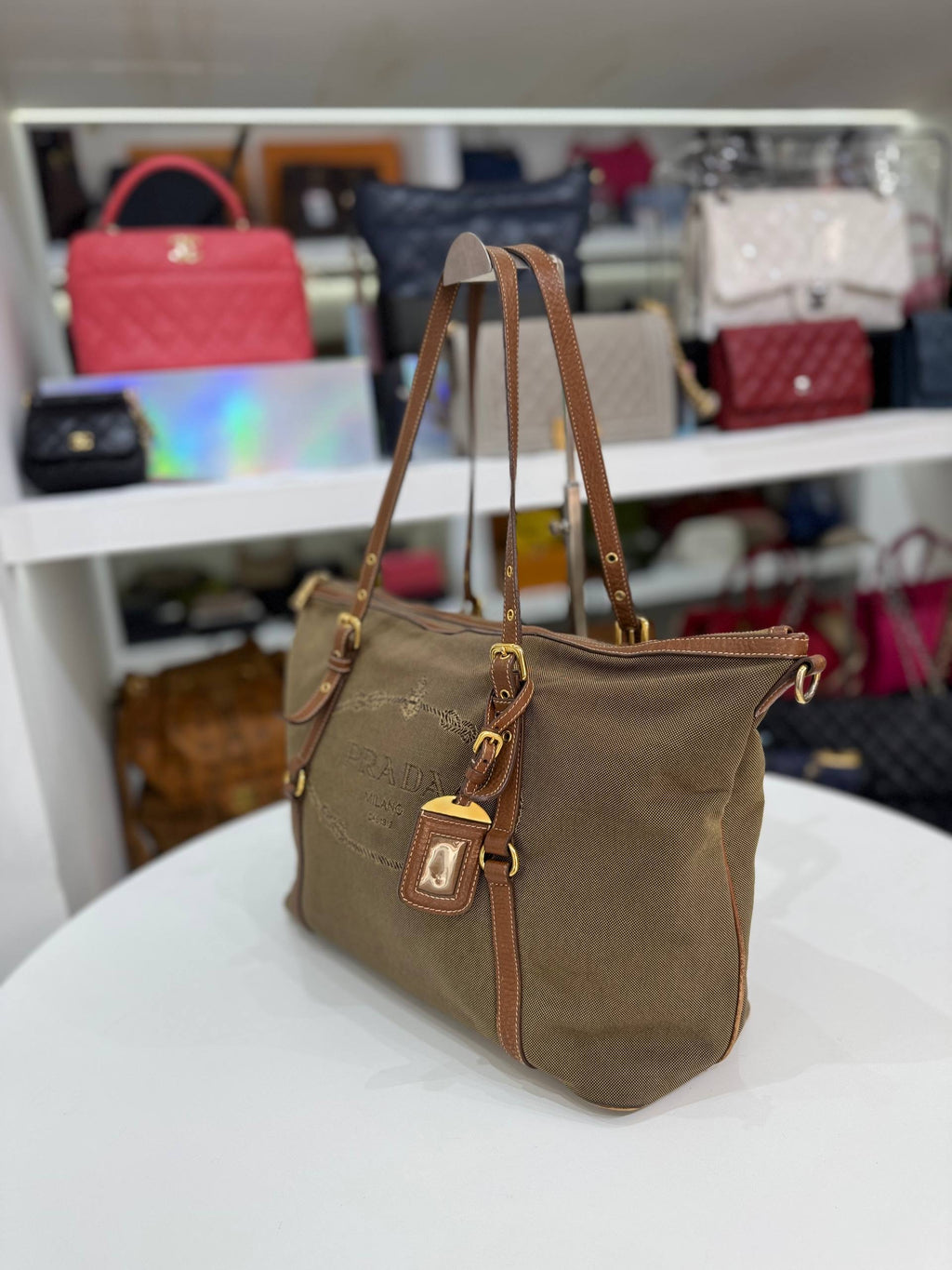 PRADA Vintage Logo Jacquard Canvas Brown Leather Tote Bag