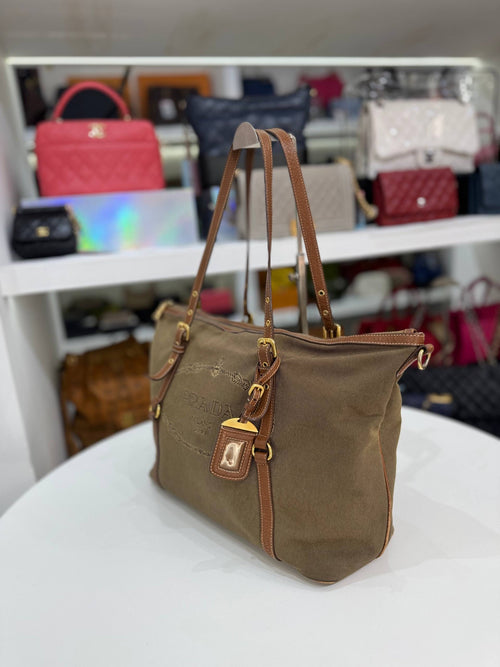 PRADA Vintage Logo Jacquard Canvas Brown Leather Tote Bag