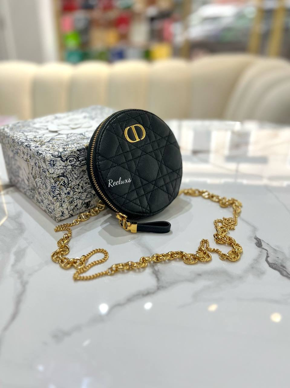 CHRISTIAN DIOR Black Supple Calfskin Cannage Round Caro Coin Purse