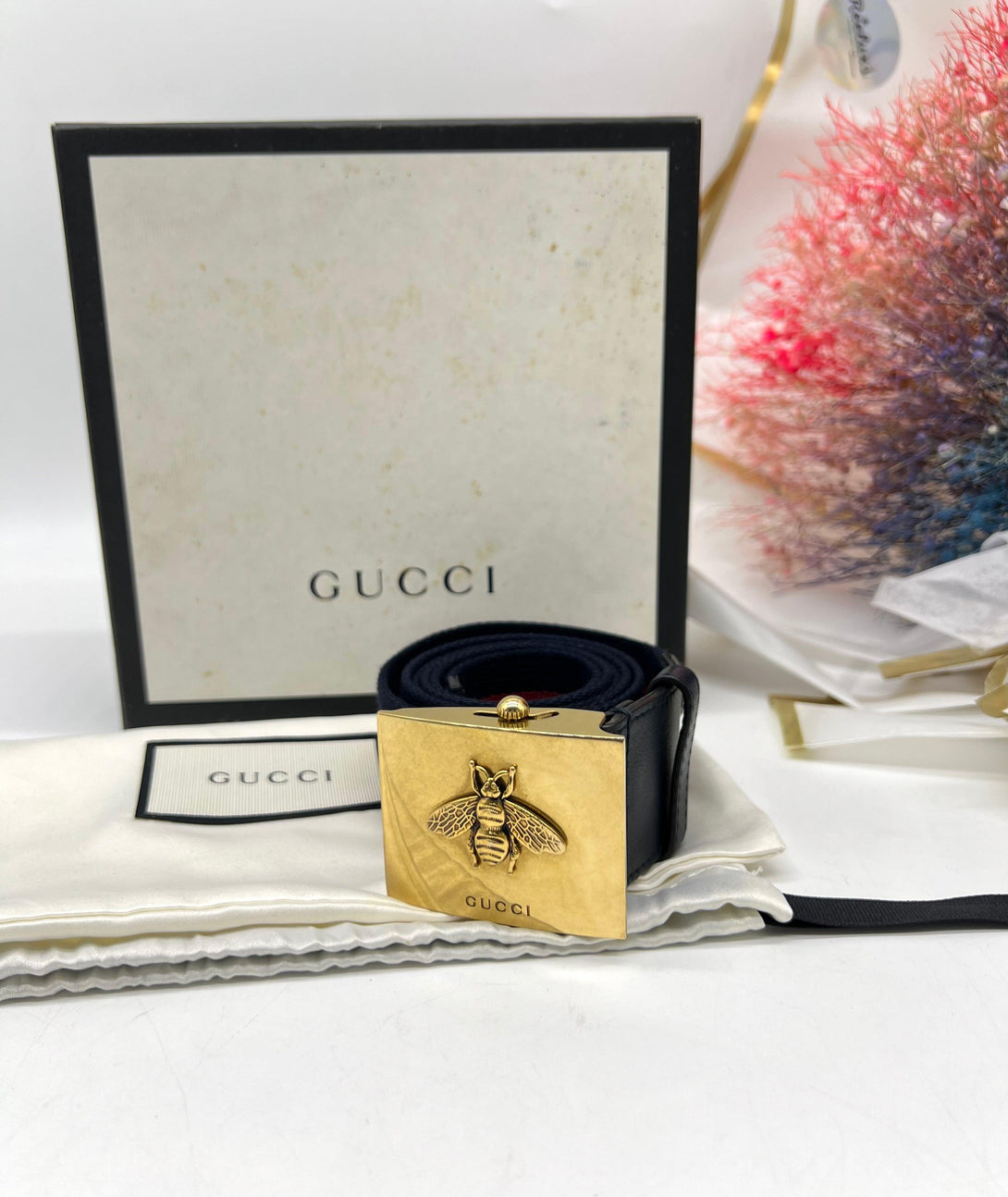 GUCCI Blue/Red Canvas Queen Margaret Bee Web Belt - Reeluxs 