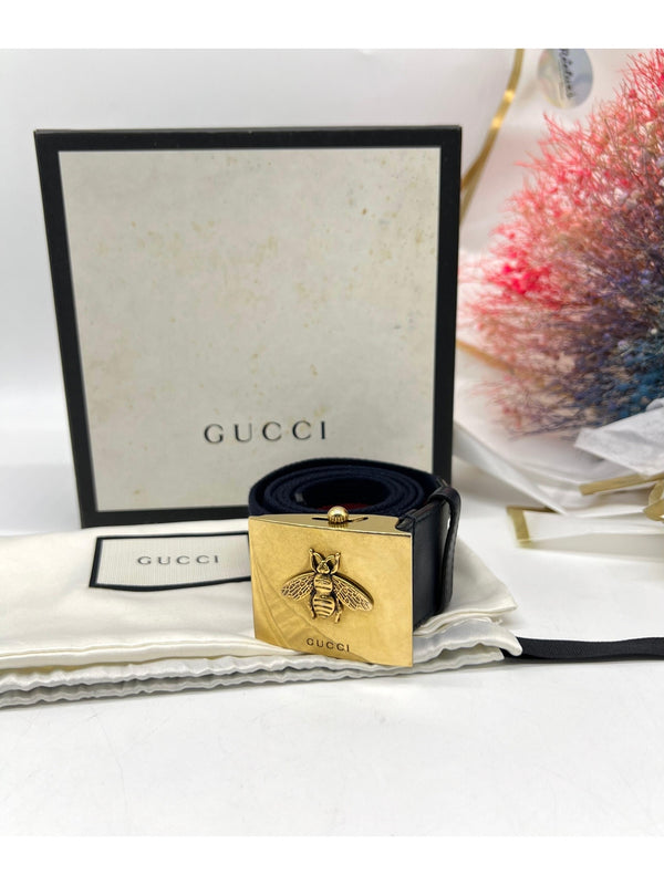 GUCCI Blue/Red Canvas Queen Margaret Bee Web Belt - Reeluxs 