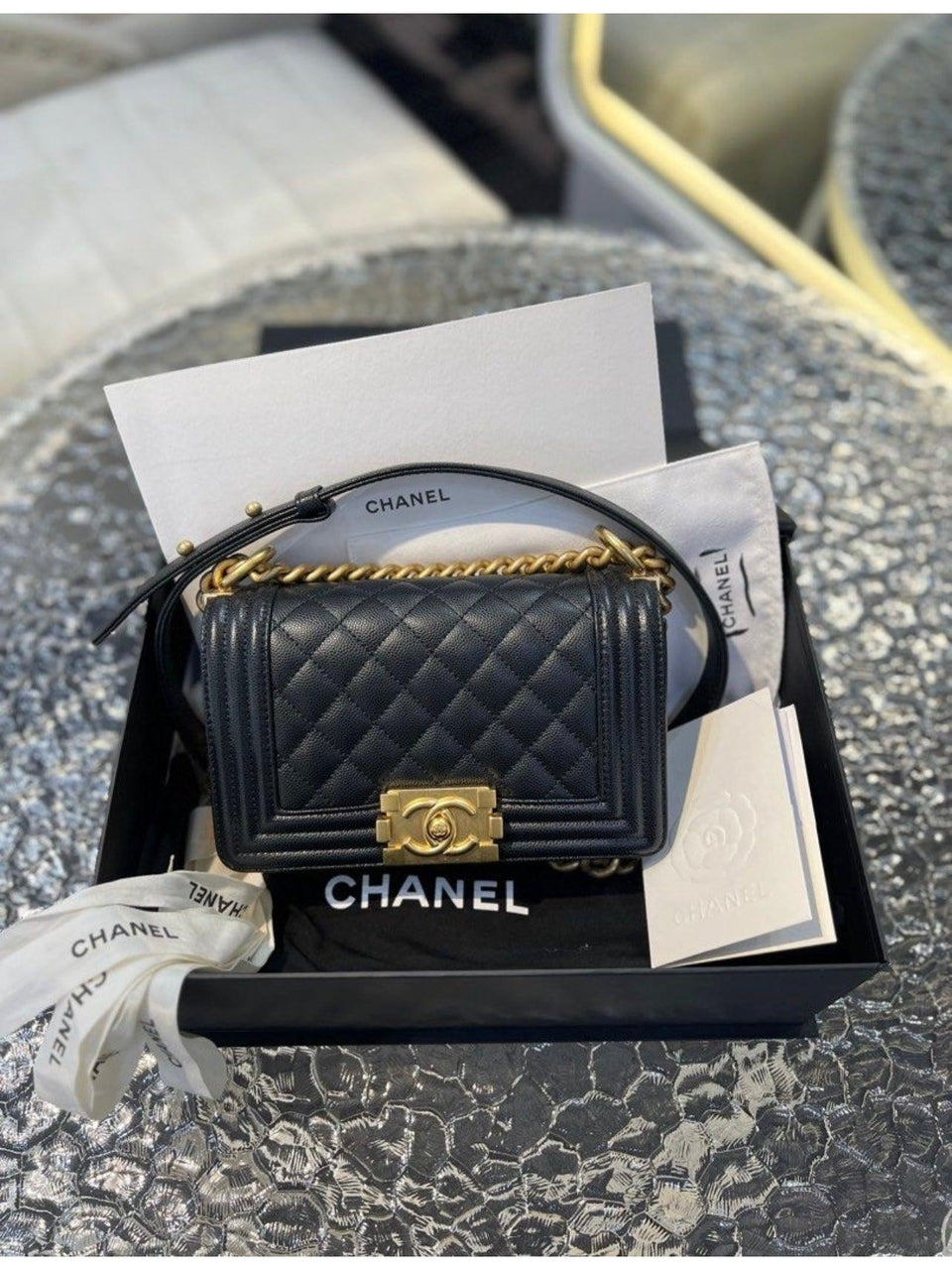 Full Set Microchip CHANEL Boy Caviar Skin Small Flap Women's Sling Bag - Reeluxs 