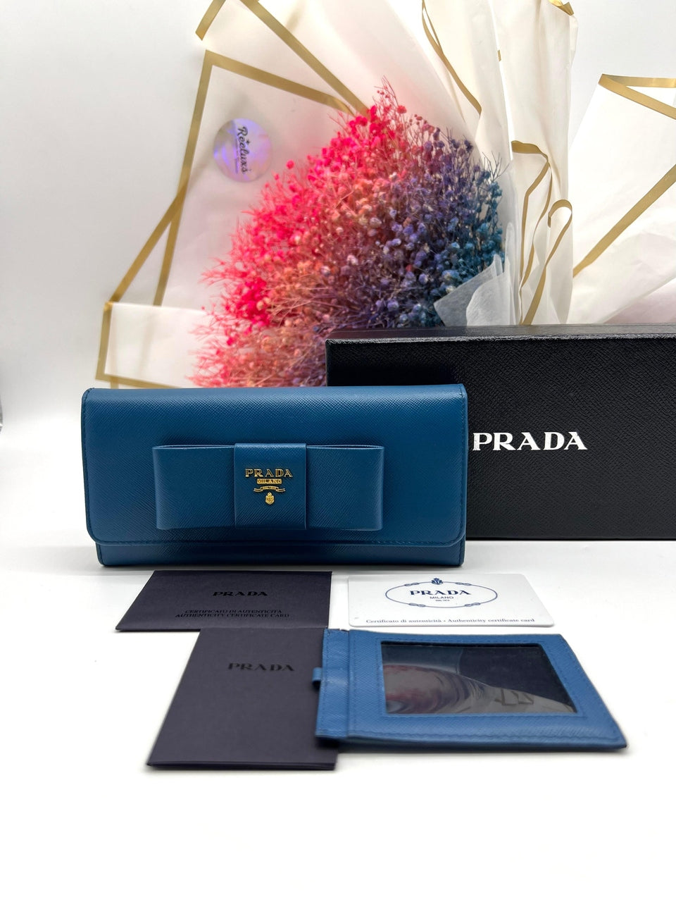 PRADA Saffiano Fiocco Ribbon 1M1132 Women's Saffiano Long Wallet (bi-fold) Bluette - Reeluxs 