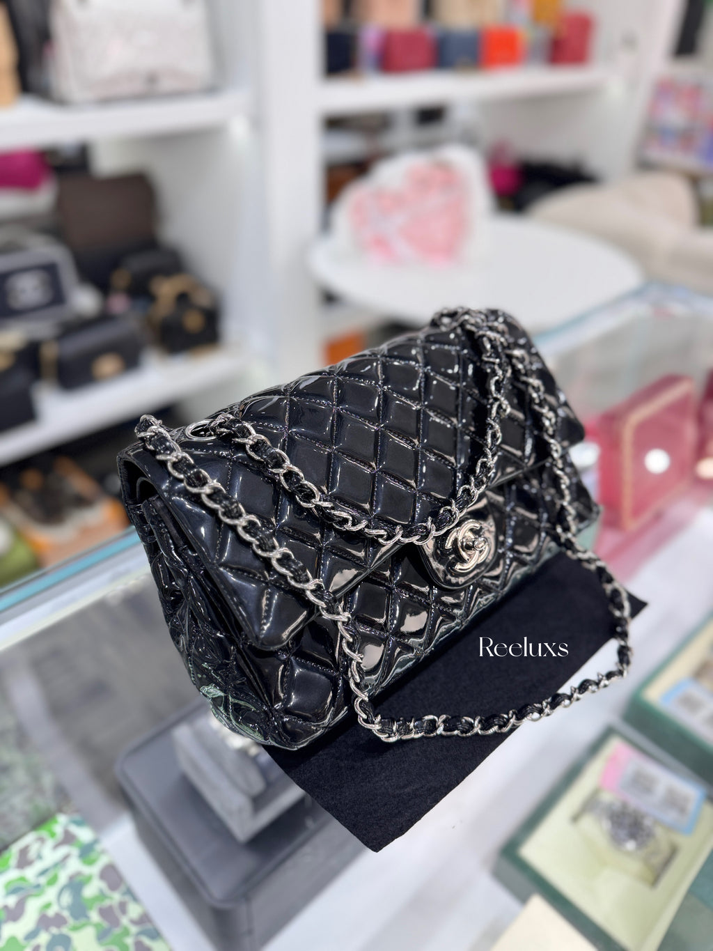 CHANEL Black Quilted Patent Leather Classic Medium Double Flap Bag
