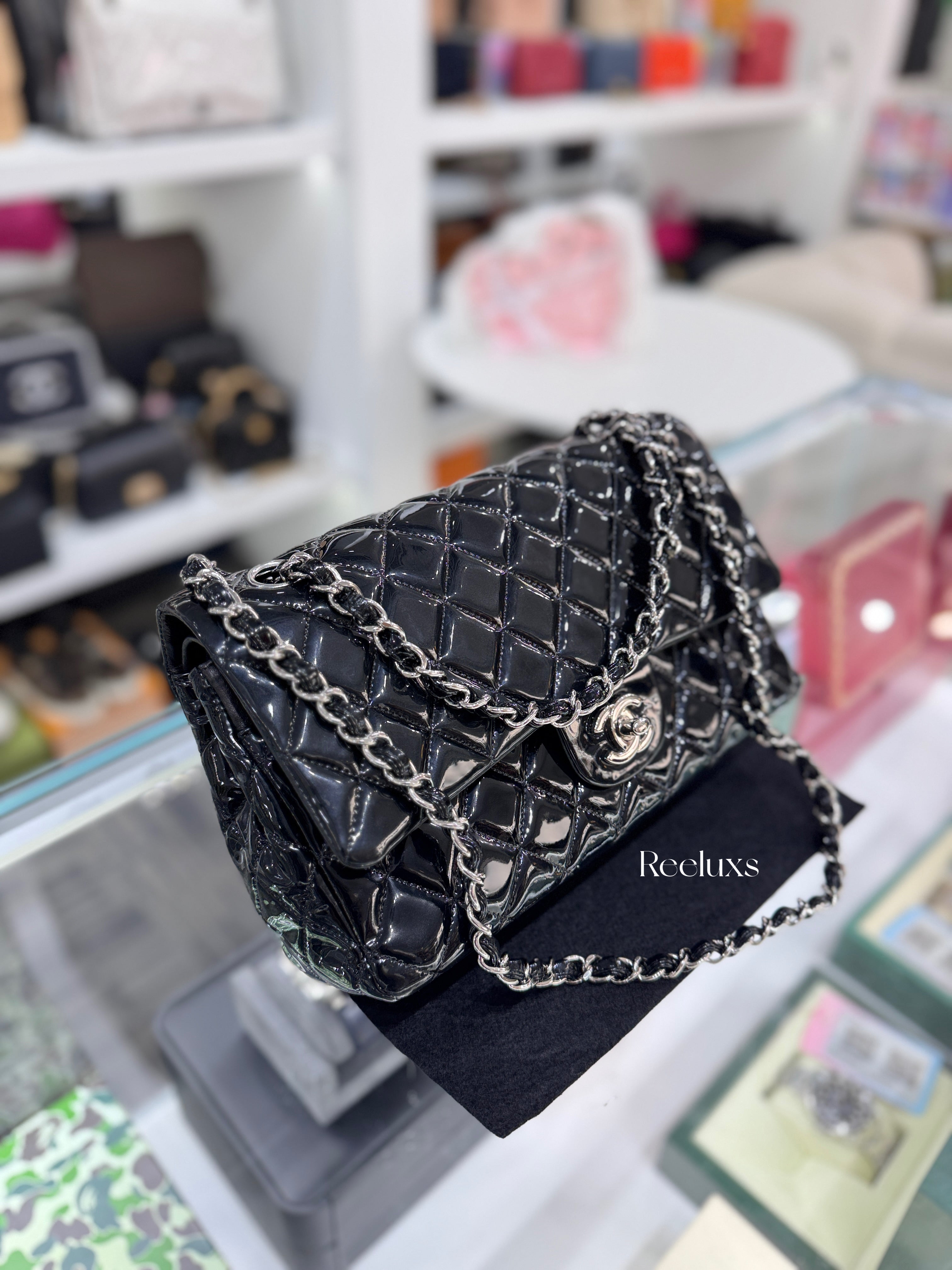 CHANEL Black Quilted Patent Leather Classic Medium Double Flap Bag