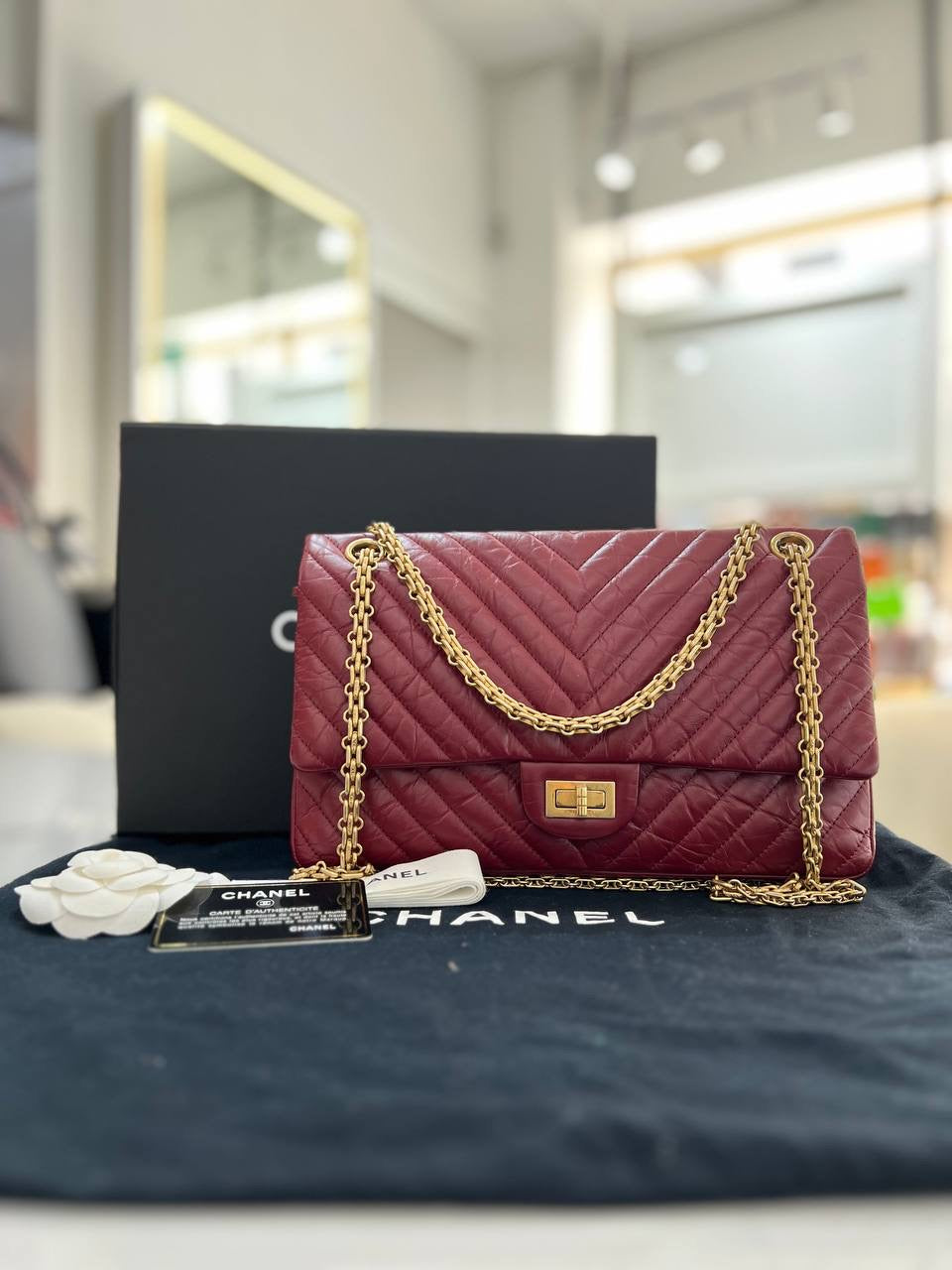 FULL SET CHANEL Chevron Reissue 255 Red Calfskin Double Flap Shoulder Bag GHW