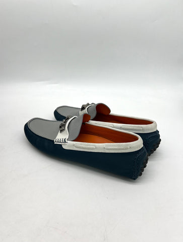 HERMES Epsom Mens Irving Driving Moccasin Loafers Bleu Glacier Blanc Colvert Size 40 - Reeluxs 