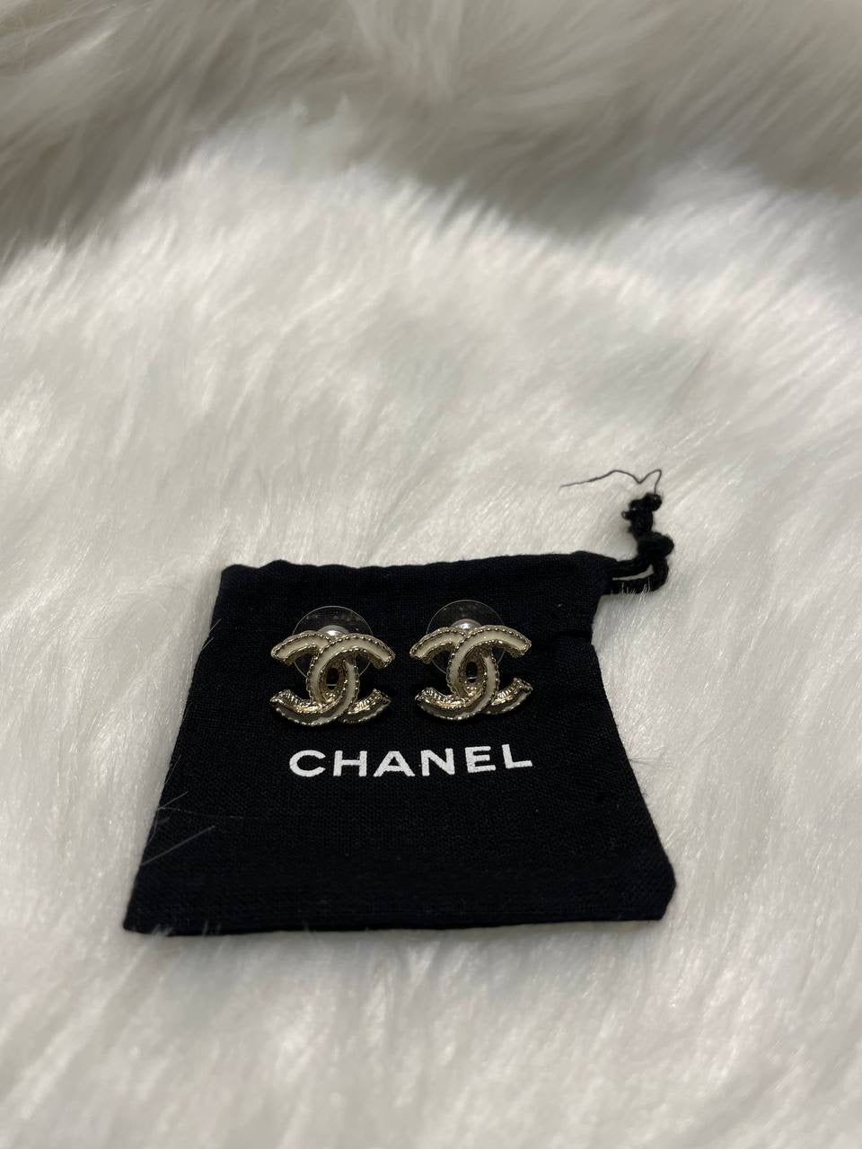 CHANEL Enamel CC Earrings Gold White