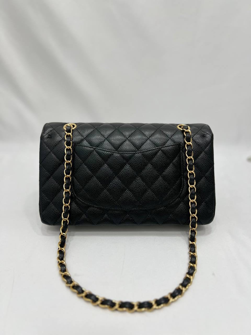 FULL SET CHANEL Matelasse W flap Chain Shoulder Bag Caviar skin Black