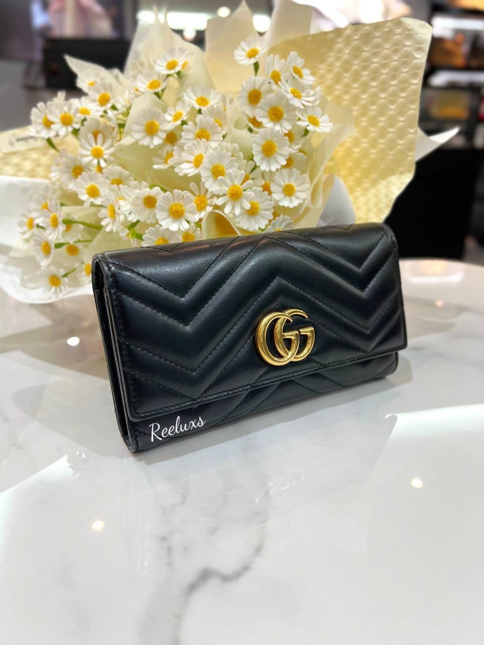 FULL SET GUCCI GG Marmont Leather Black Long Wallet