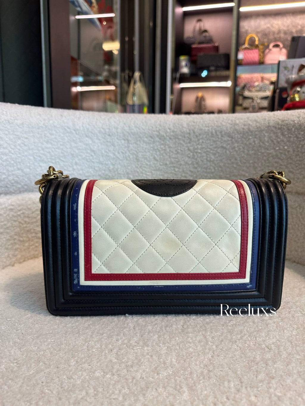Chanel Boy Coco Mark Chain Shoulder Bag Black Red Blue Cream