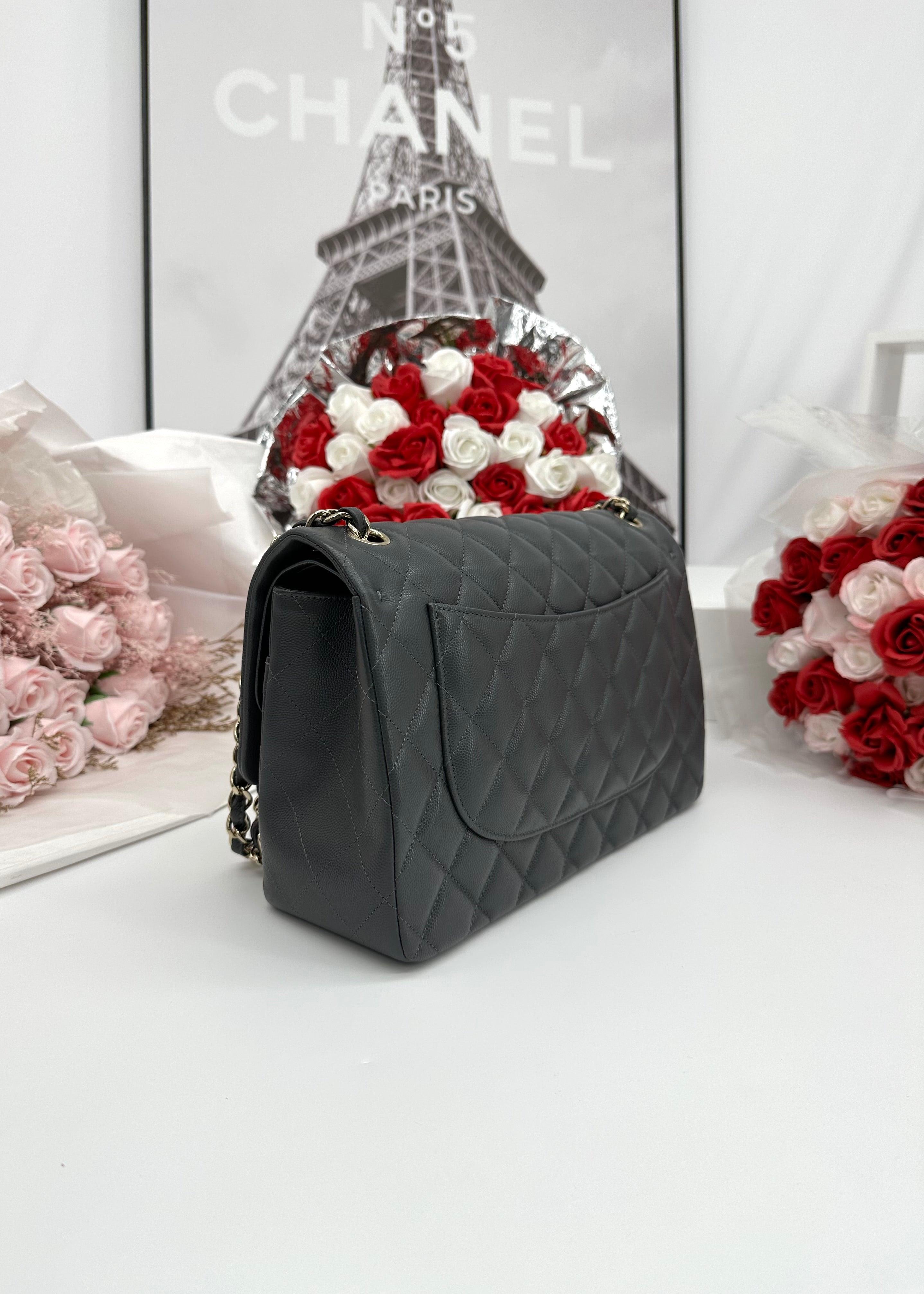 CHANEL Caviar Quilted Jumbo Double Flap Dark Grey - Reeluxs 