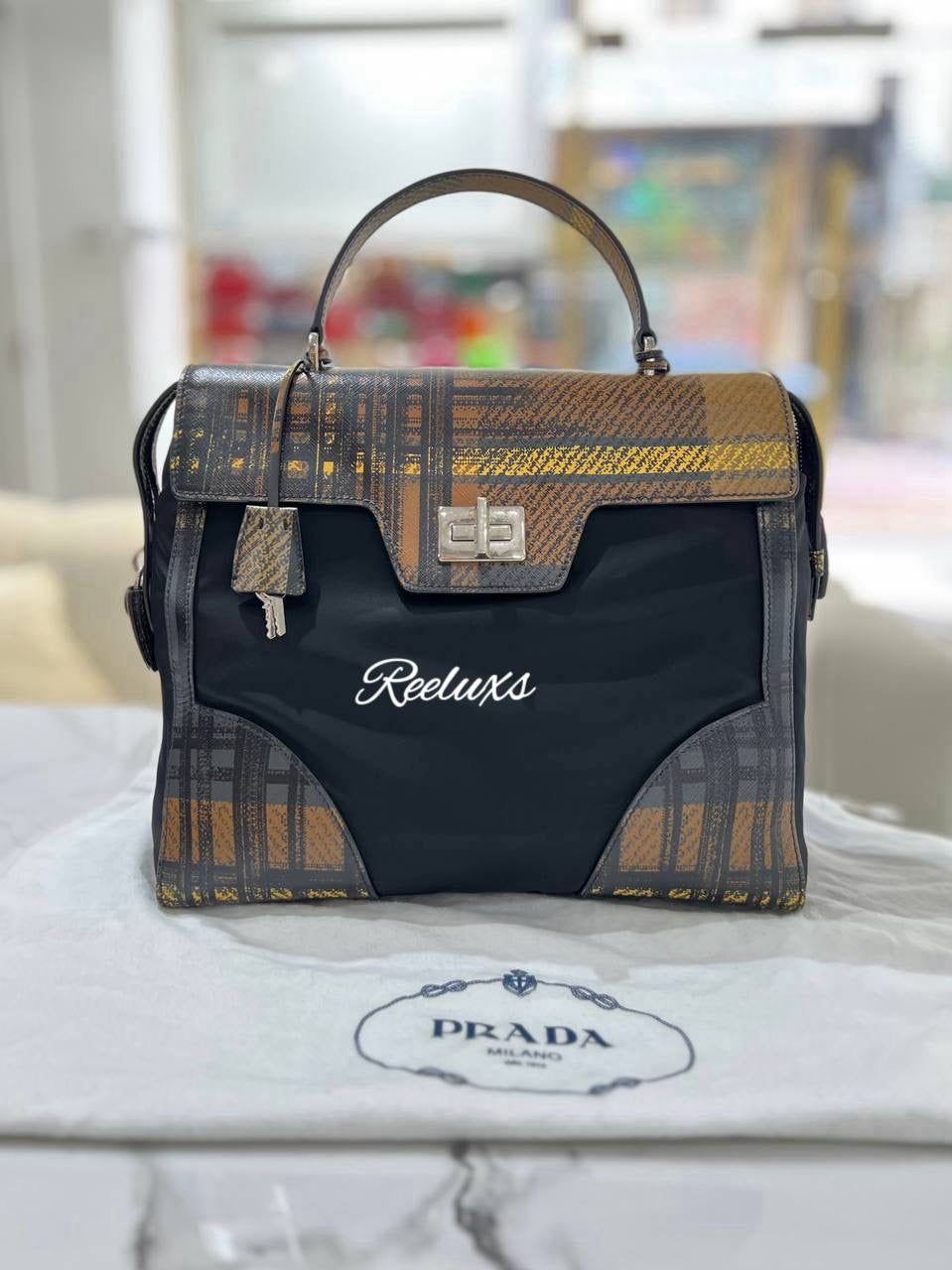 PRADA Tartan Print Tessuto Nylon & Saffiano Leather Satchel Cammello Tote Handbag