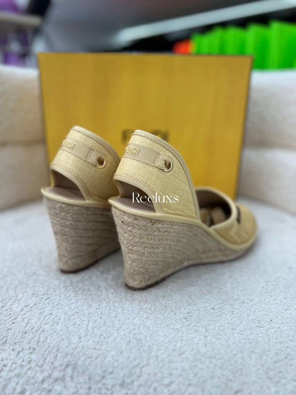 Full Set FENDI Yellow FF Logo Embroidered Fabric Ankle Wrap Espadrille  Flats