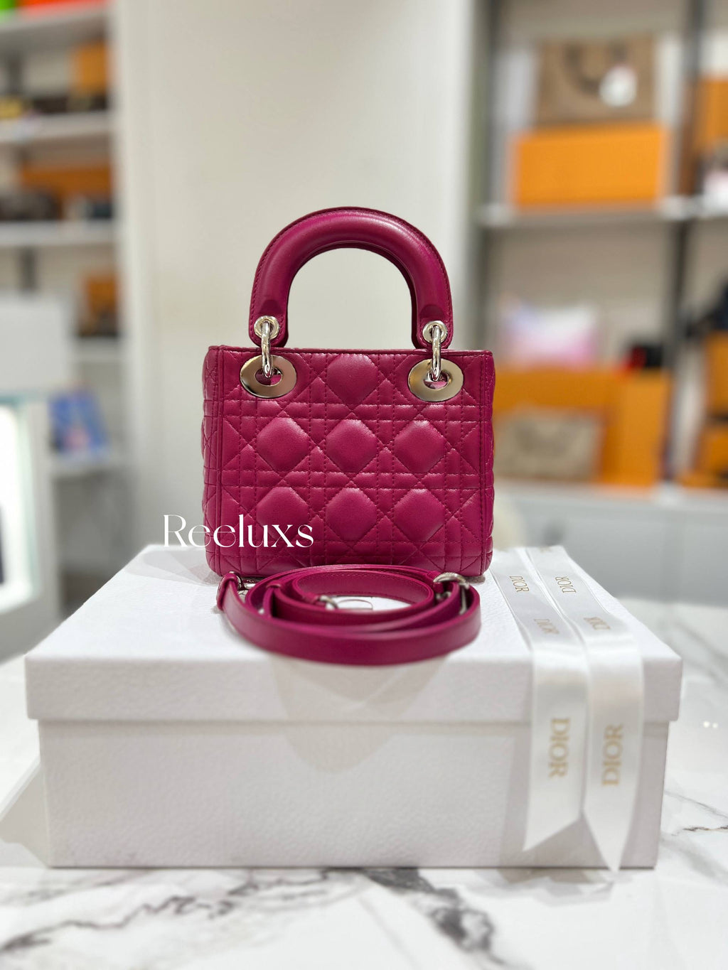 CHRISTIAN DIOR Lady Dior Pink Mini Lambskin Cannage Handbag