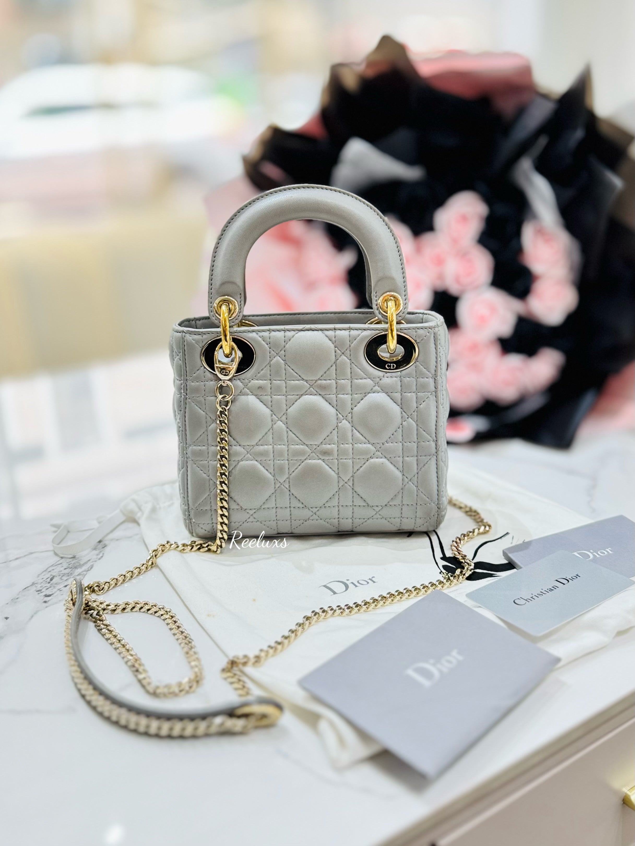 CHRISTIAN DIOR Mini Lady Dior Bag Opaline Gray Pearlescent Cannage Lambskin Shoulder Bag