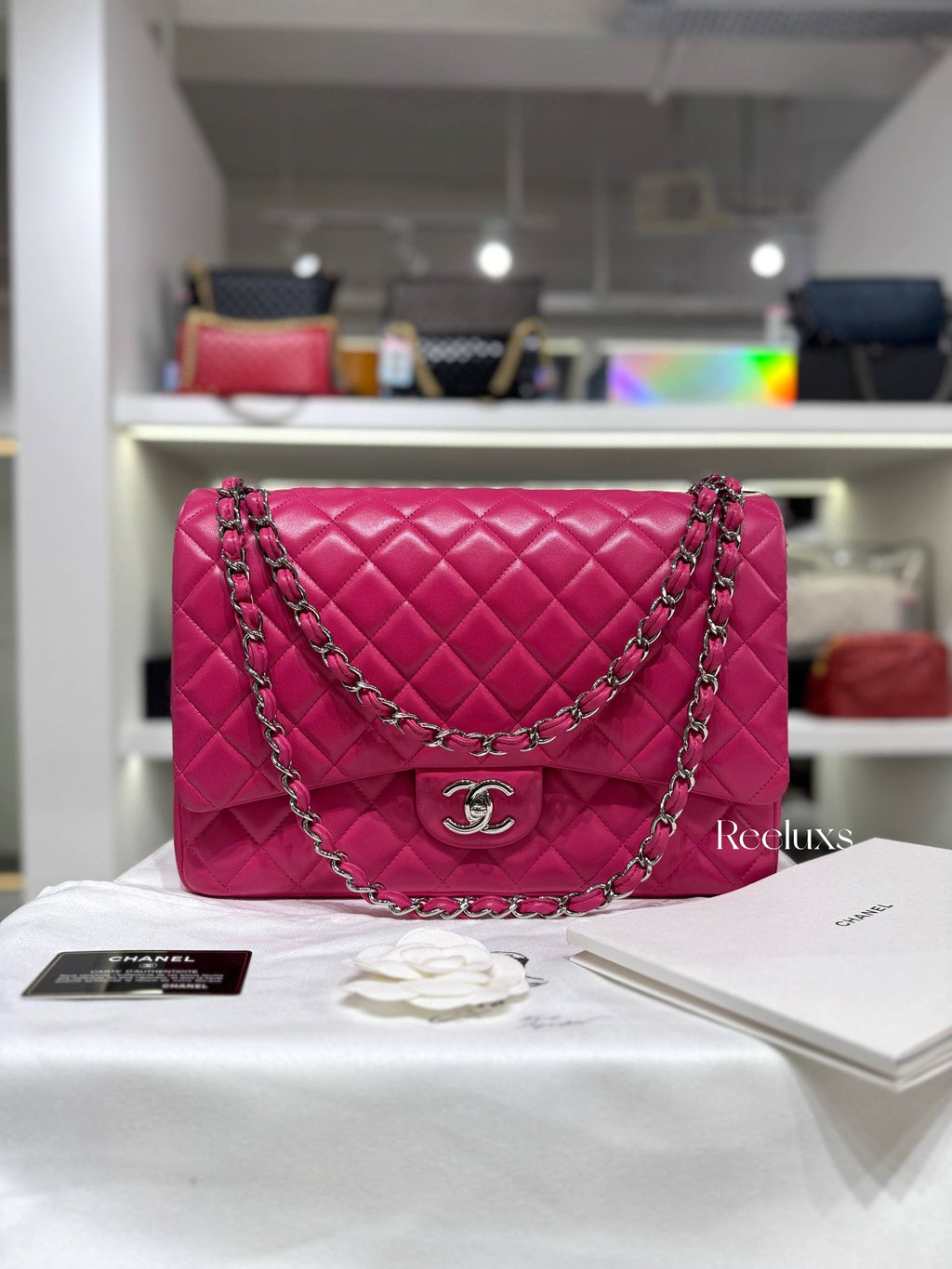 CHANEL Pink Quilted Lambskin Leather Classic Jumbo Double Flap Bag Full Set