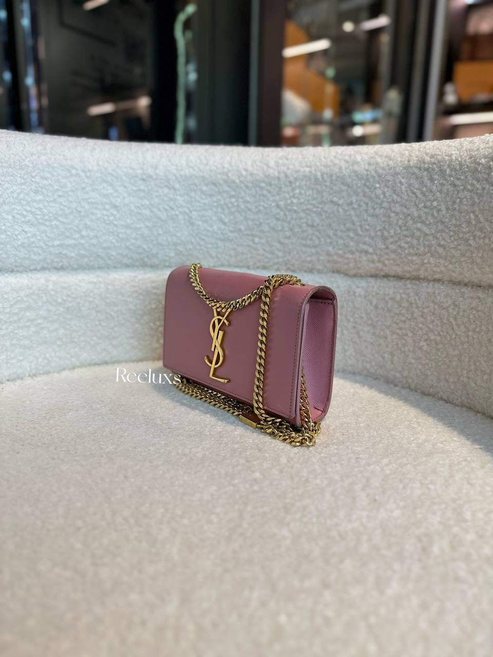 YSL SAINT LAURENT Cassandre Pink Grained Leather Gold Hardware Crossbody Bag