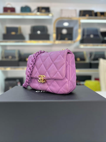 Full Set Microchip CHANEL Lambskin Quilted Small Lacquered Chain Flap Purple Slingbag For Women - Reeluxs 