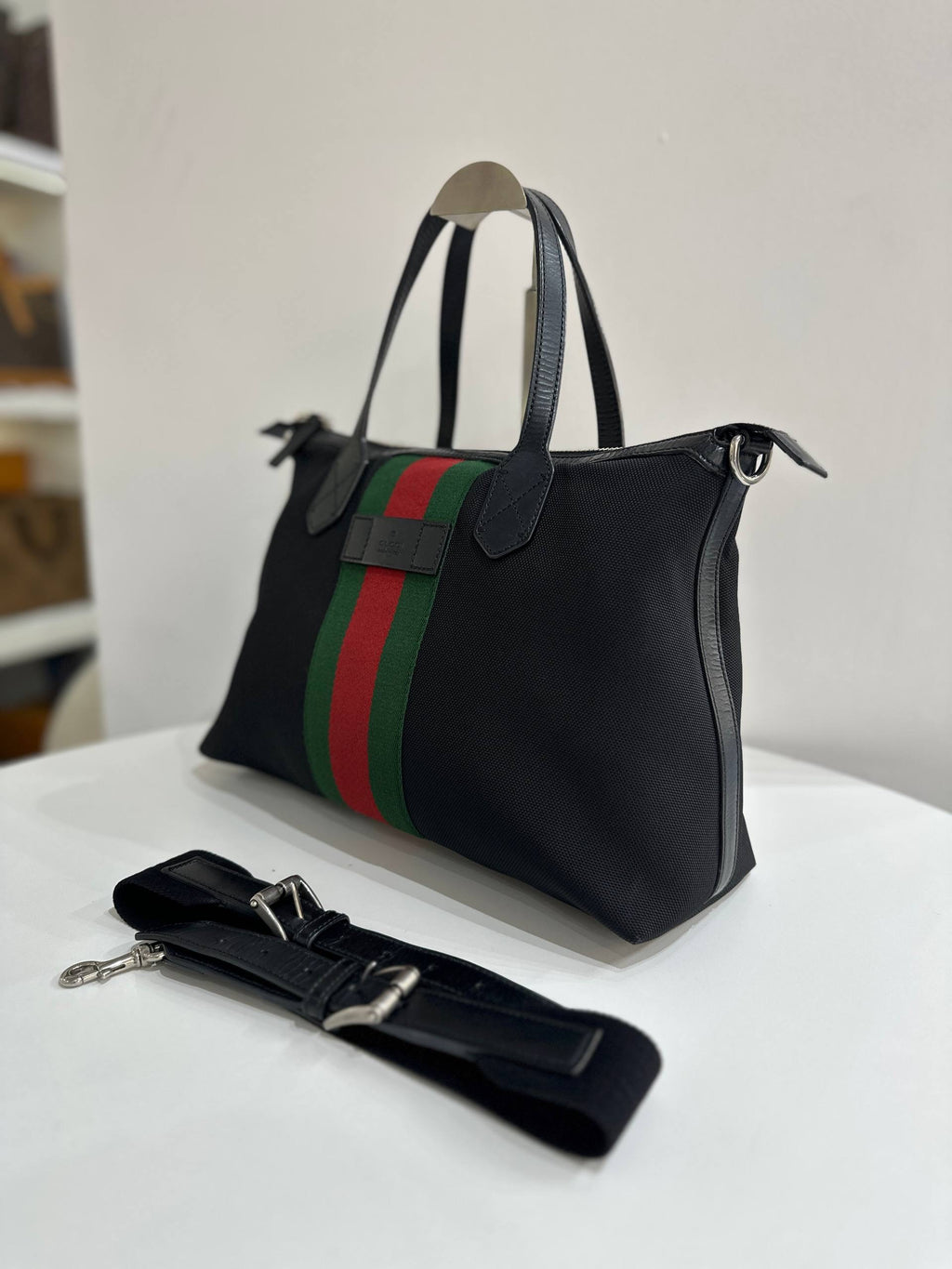 GUCCI Techno Canvas Web Top Handle Shoulder Bag in Black