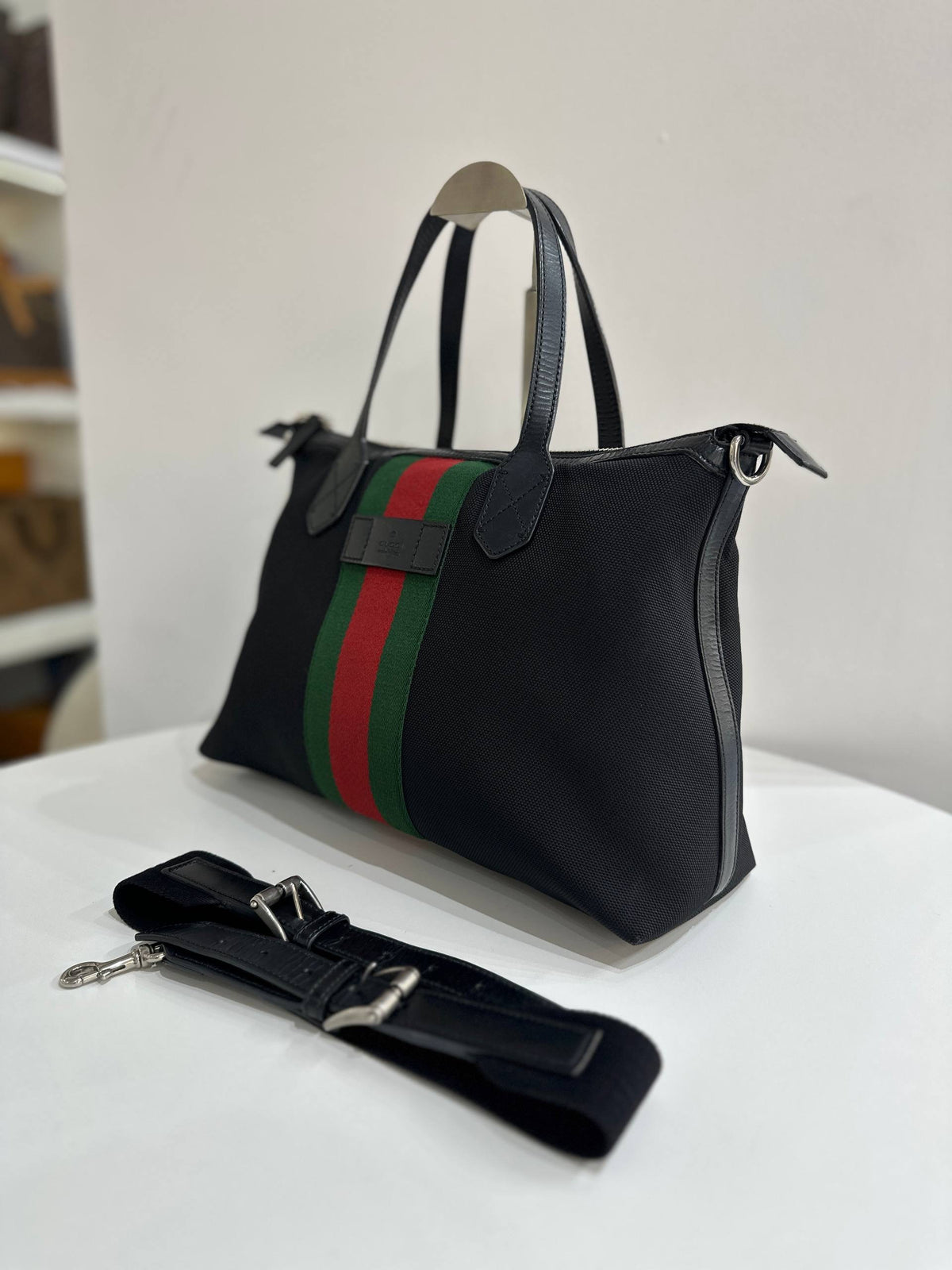 GUCCI Techno Canvas Web Top Handle Shoulder Bag in Black