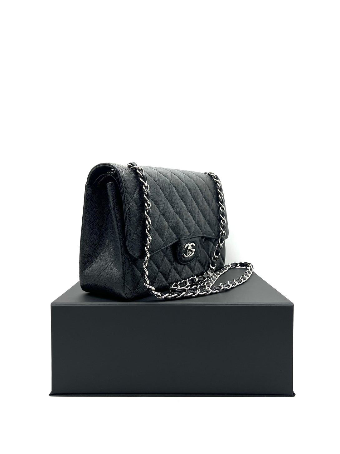 CHANEL Black Quilted Caviar Leather Jumbo Classic Double Flap For Women Shoulder Bag - Reeluxs 