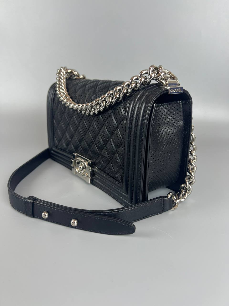 CHANEL Boy Perforated Quilted Lambskin Leboy Black SHW Slingbag