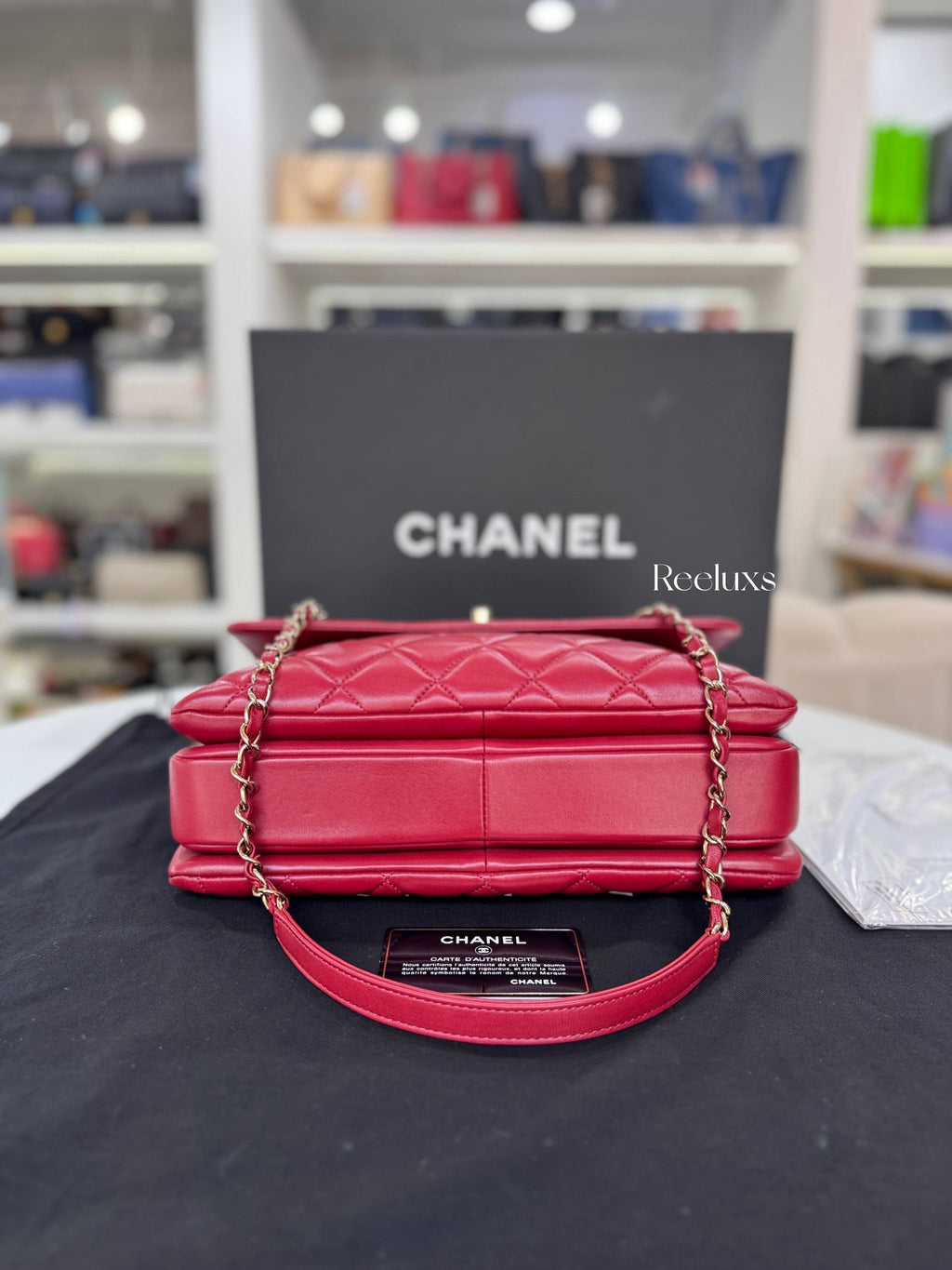 CHANEL Red Quilted Lambskin Medium Trendy CC Bag