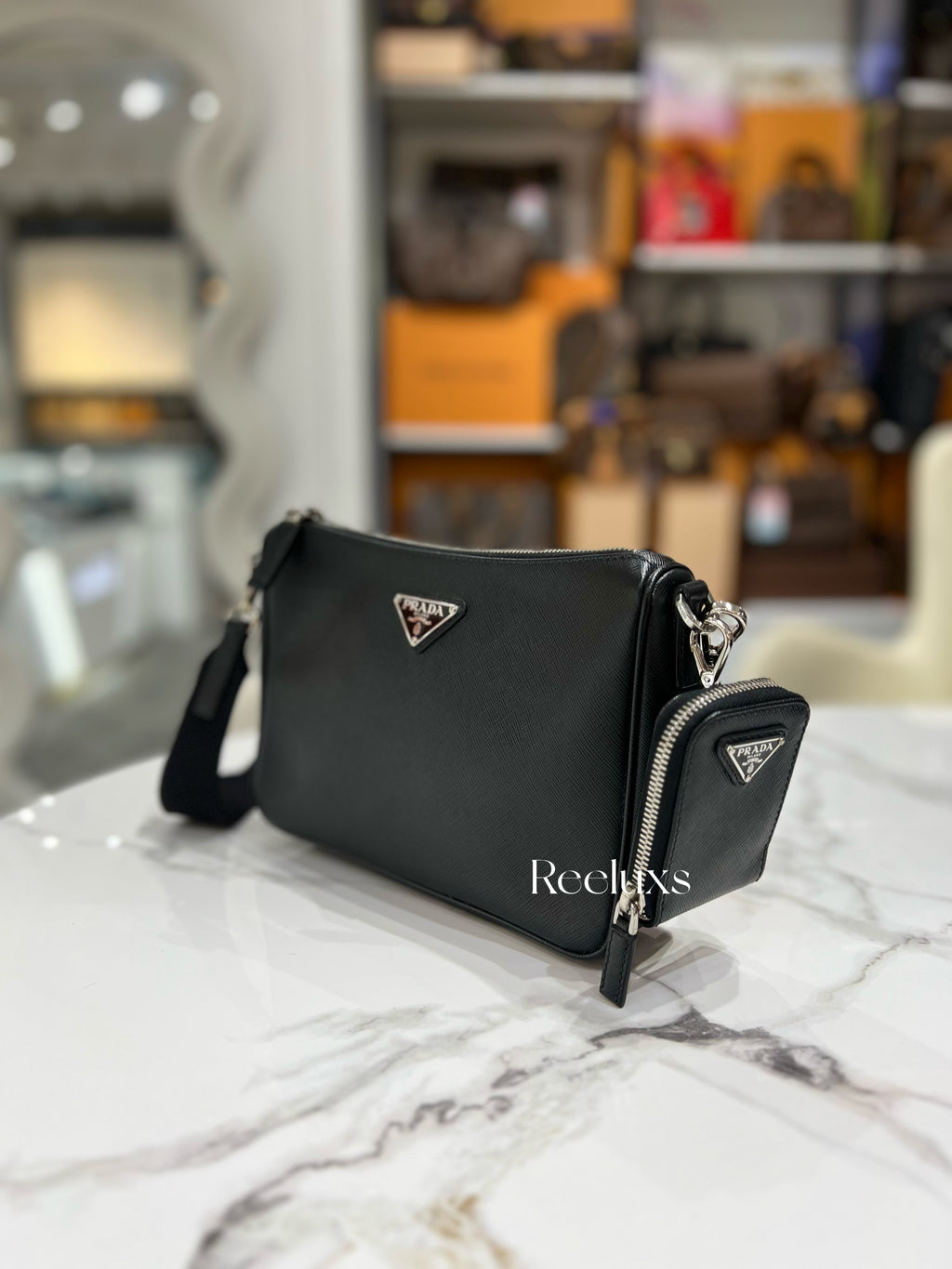 Full Set Black PRADA Saffiano Leather Shoulder Bag