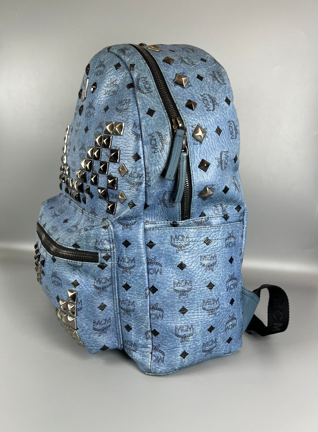 MCM Light Blue Visetos Coated Canvas and Leather Studs Backpack