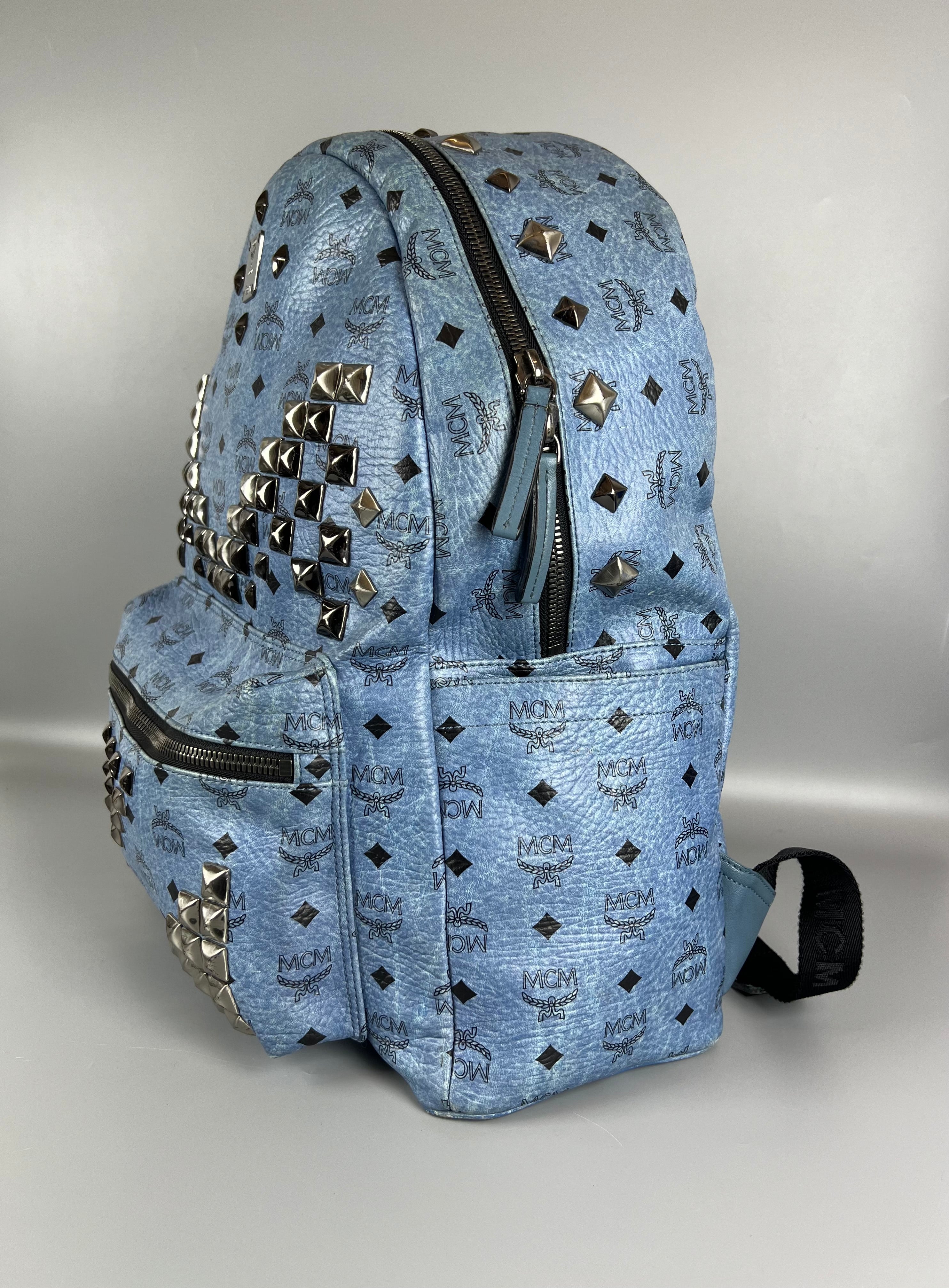 MCM Light Blue Visetos Coated Canvas and Leather Studs Backpack