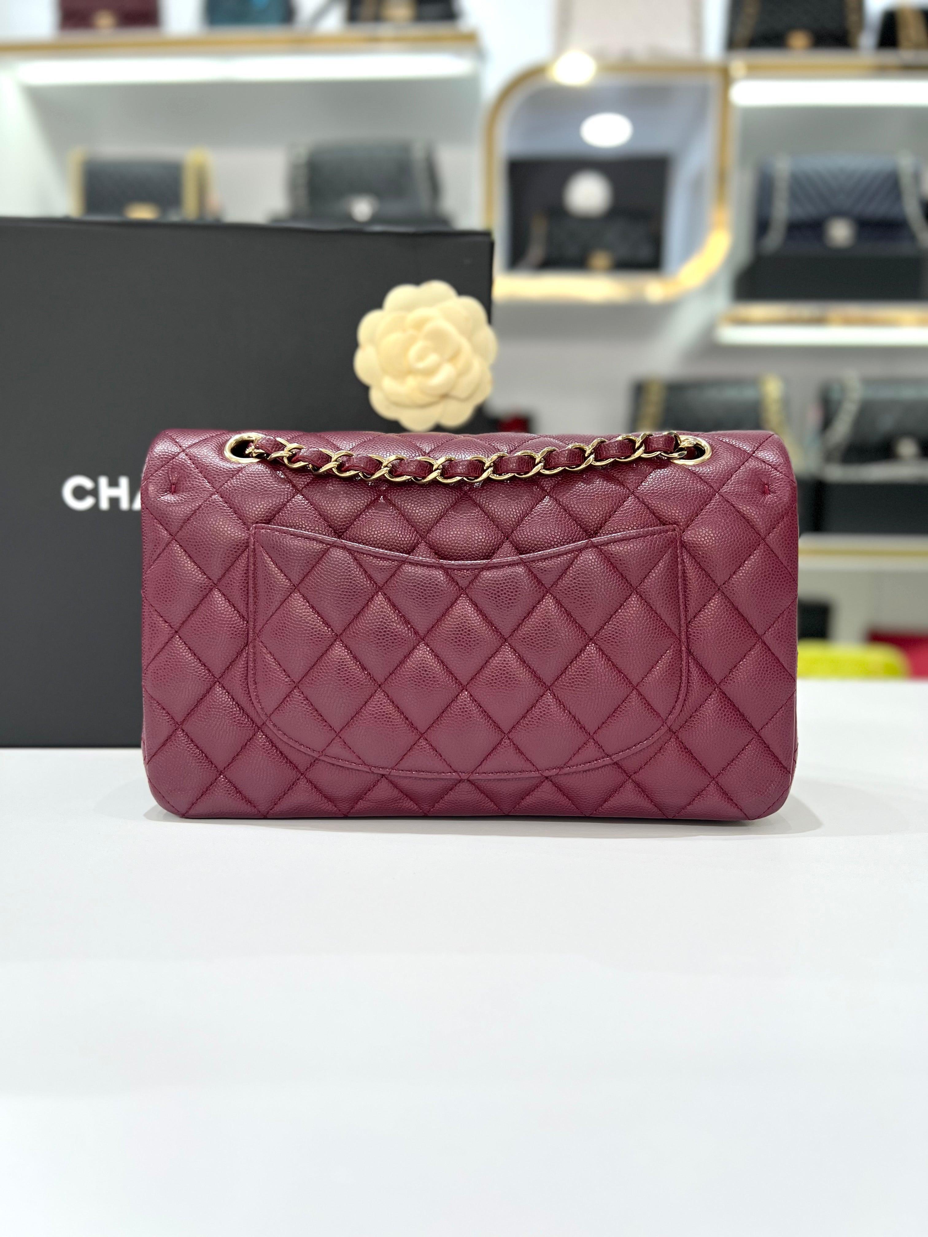 Full Set Microchip CHANEL Medium Shiny Graind Caviar Flap Burgundy Champagne Women Slingbag - Reeluxs 