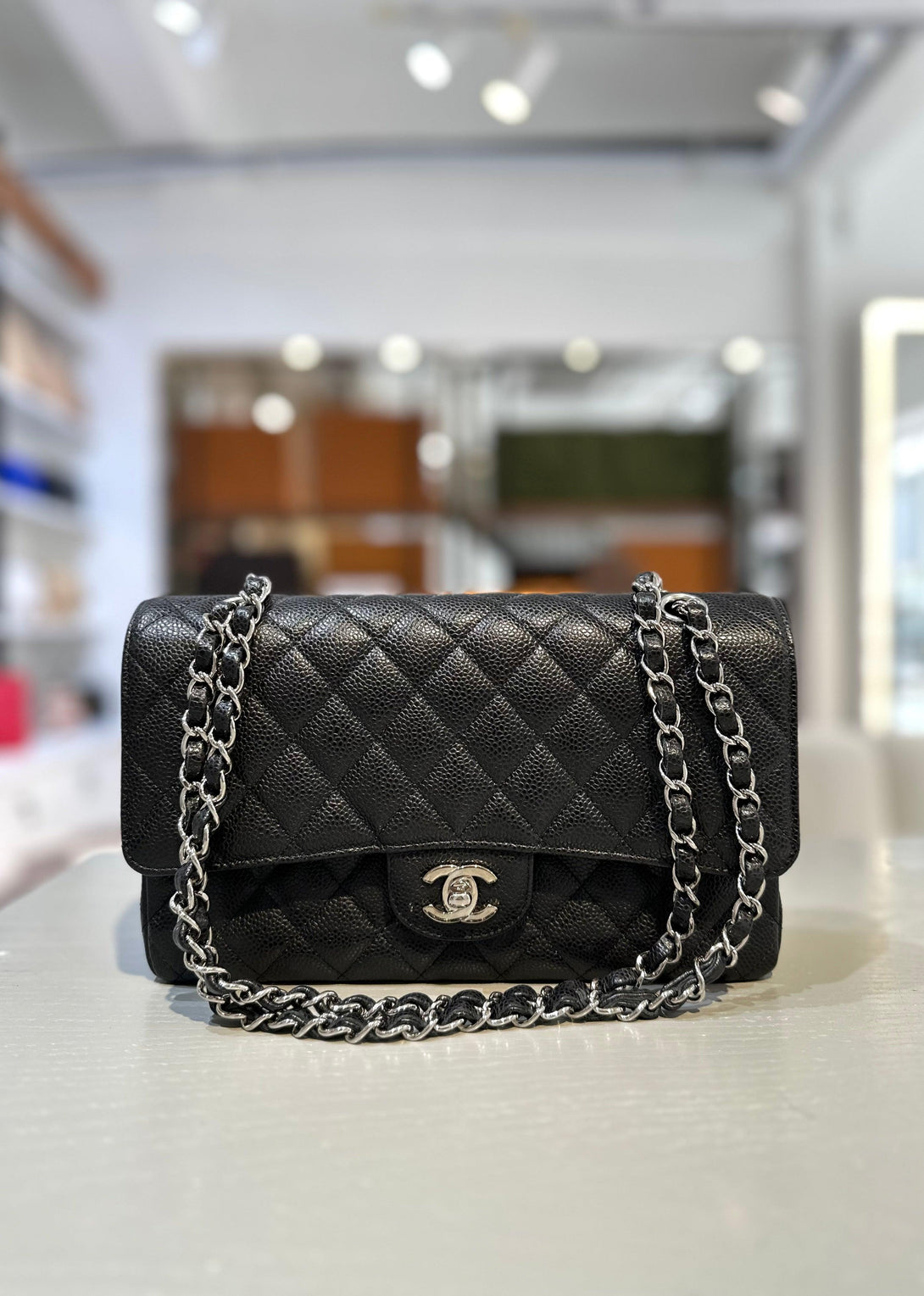 CHANEL Medium 25cm Classical Double Flap Caviar Black SHW - Reeluxs 