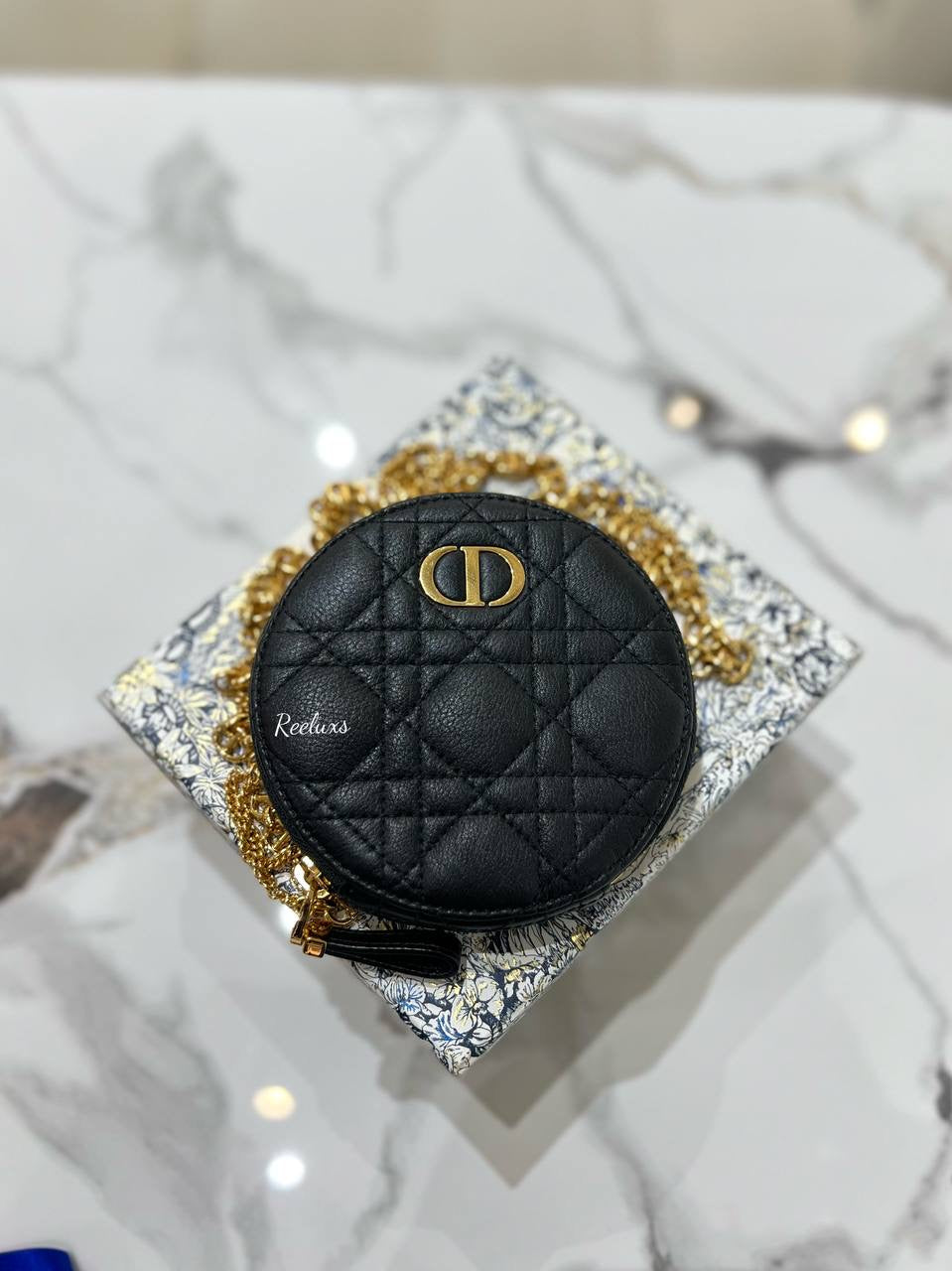 CHRISTIAN DIOR Black Supple Calfskin Cannage Round Caro Coin Purse