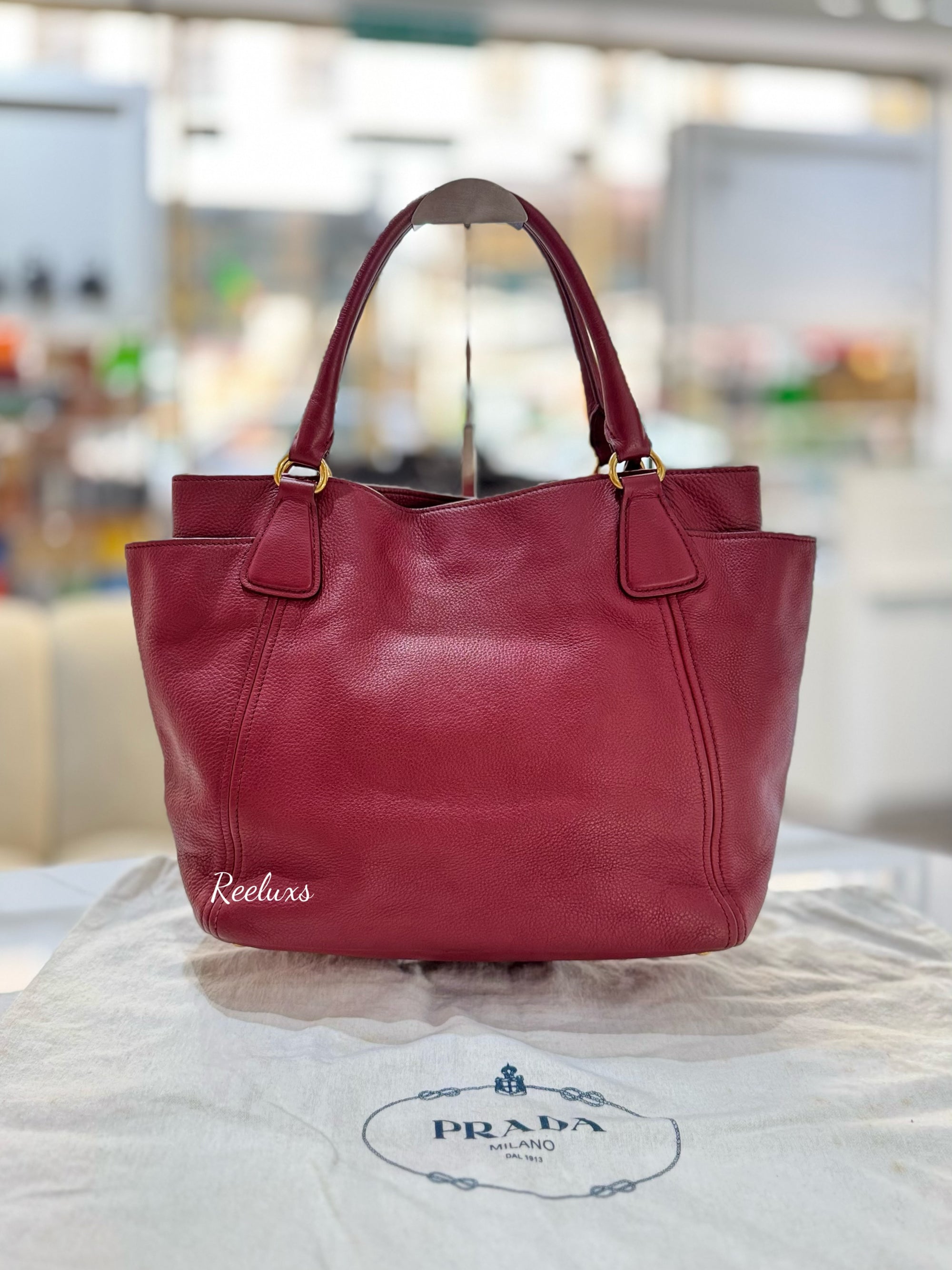 PRADA  Vitello Daino Leather Side Pocket Tote Bag