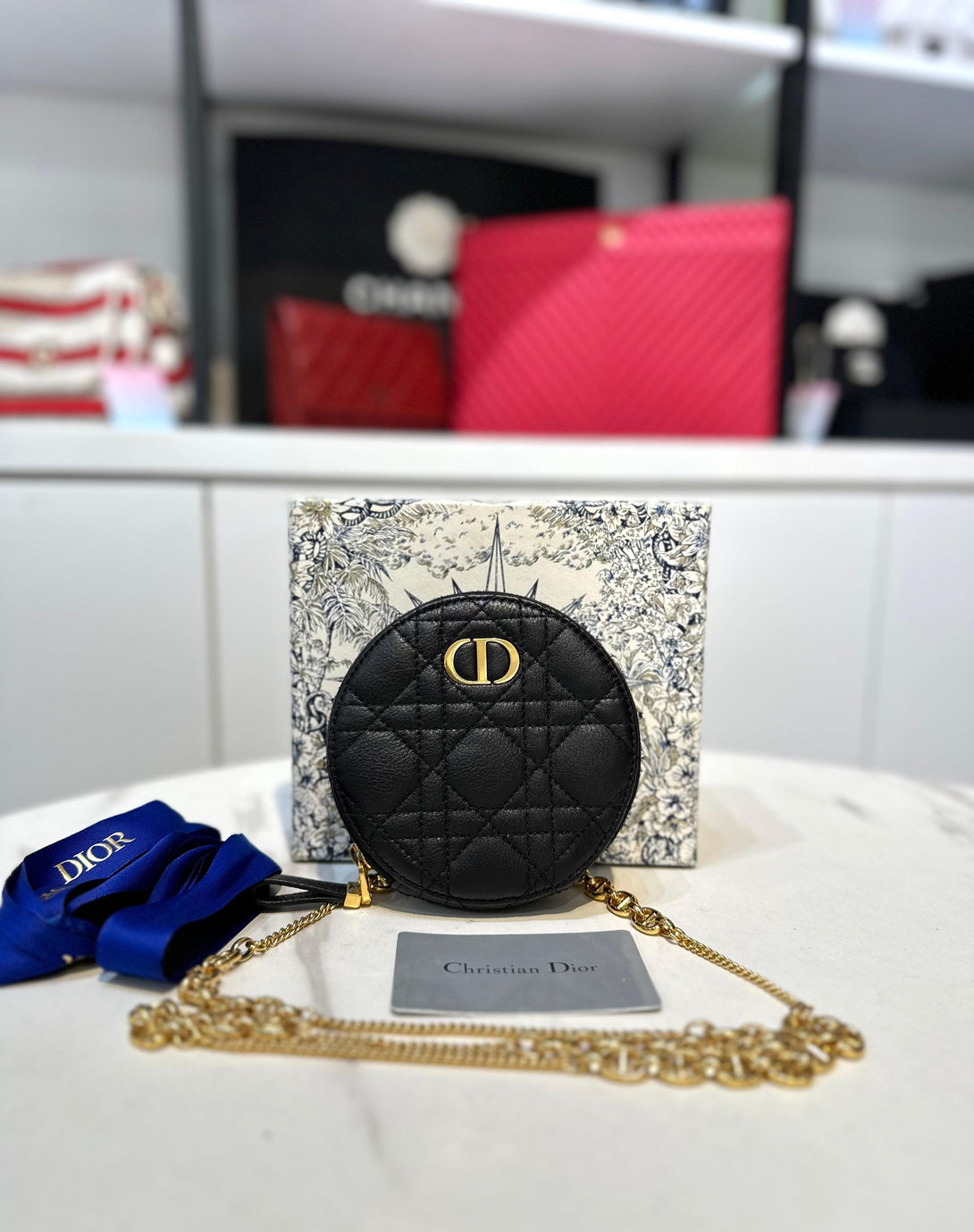 CHRISTIAN DIOR Black Supple Calfskin Cannage Round Caro Coin Purse - Reeluxs 