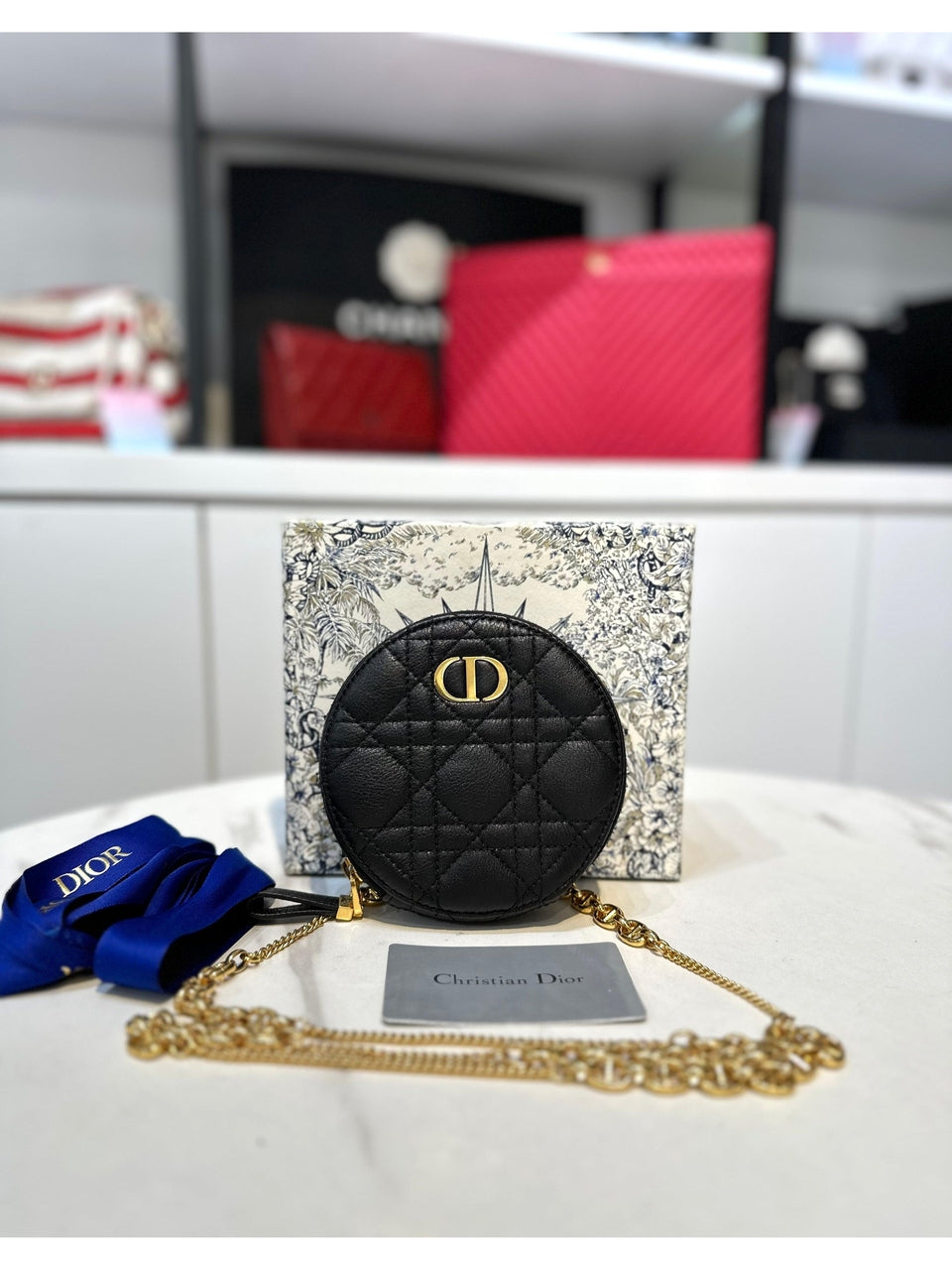 CHRISTIAN DIOR Black Supple Calfskin Cannage Round Caro Coin Purse - Reeluxs 