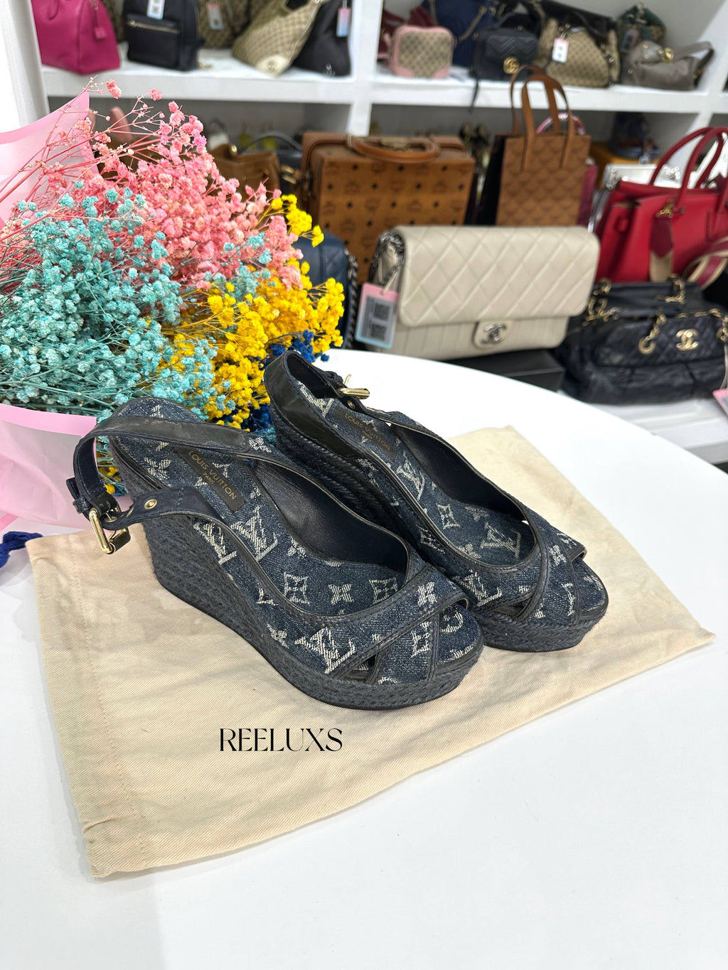 Louis Vuitton Monogram Denim Wedge Slingback Sandal