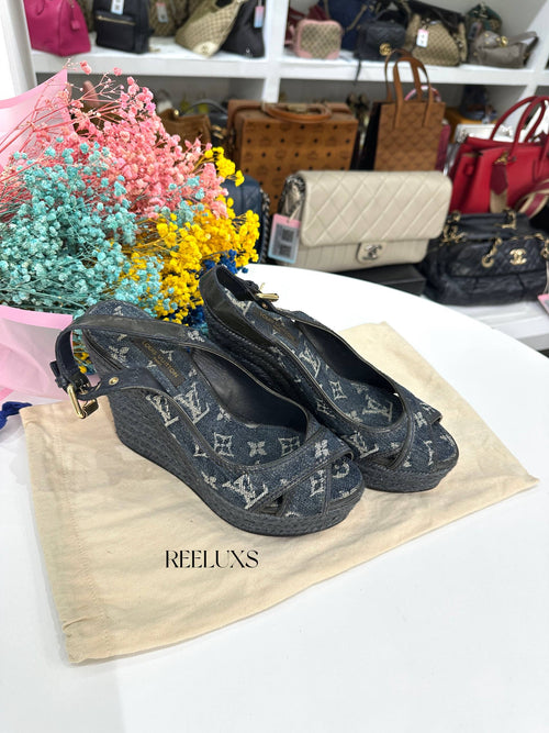 Louis Vuitton Monogram Denim Wedge Slingback Sandal