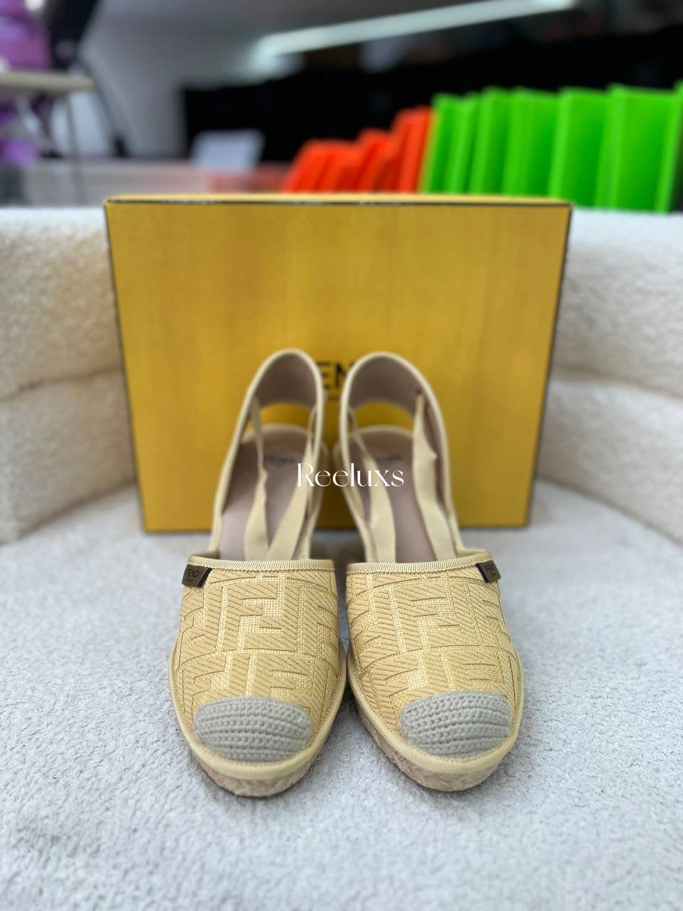 Full Set FENDI Yellow FF Logo Embroidered Fabric Ankle Wrap Espadrille  Flats